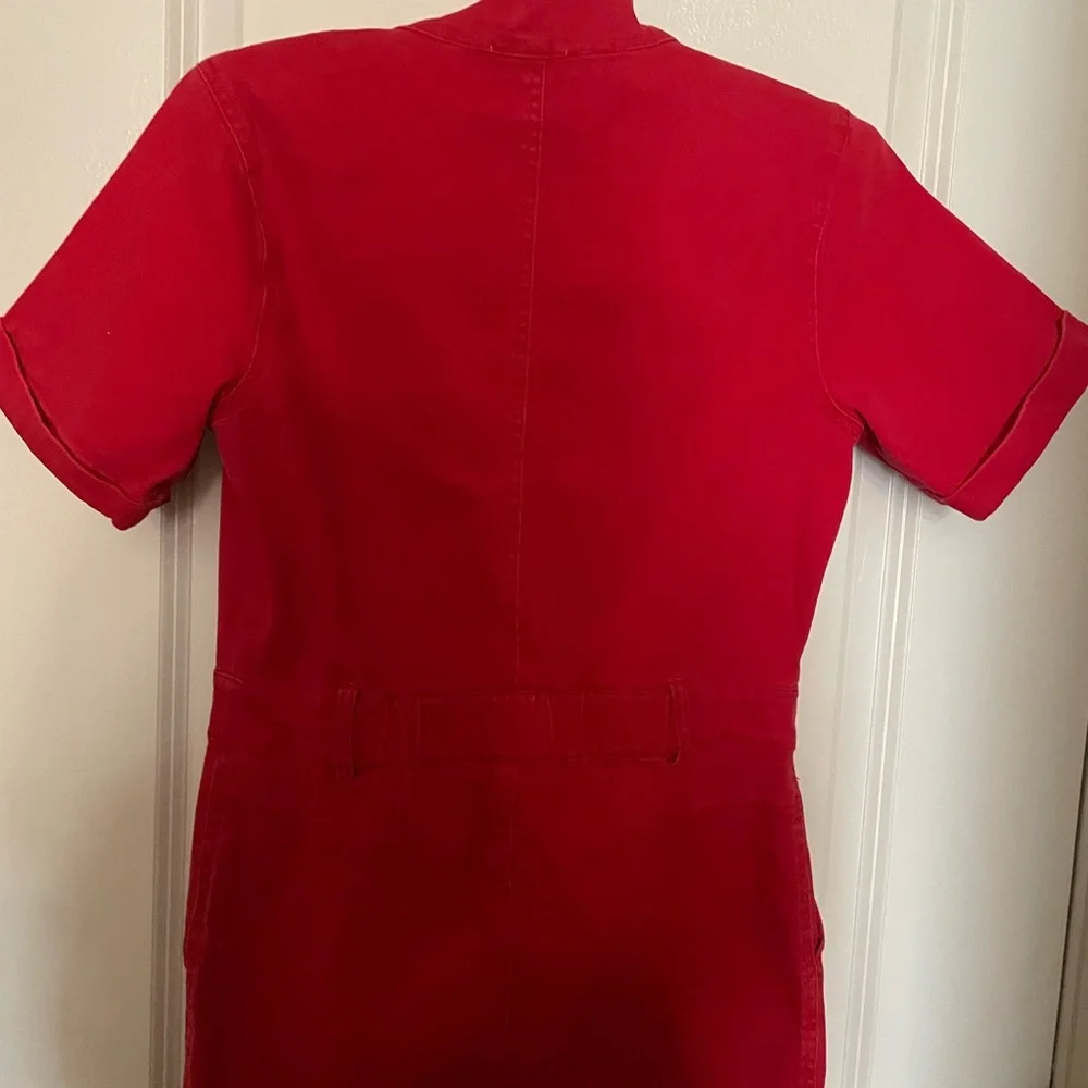 Red Short Sleeve Denim Jumpsuit Boiler Suit - Picture 6 of 11
